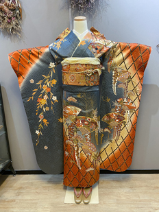 グレー 四季草花 扇